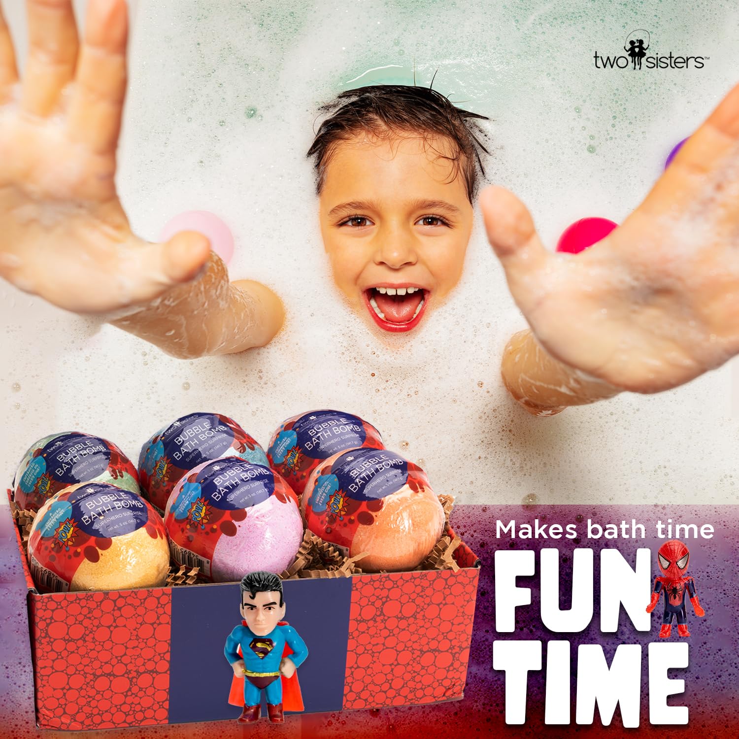 Two Sisters bath bombs fizz into colorful bubbles, transforming bath into a playful adventure.
