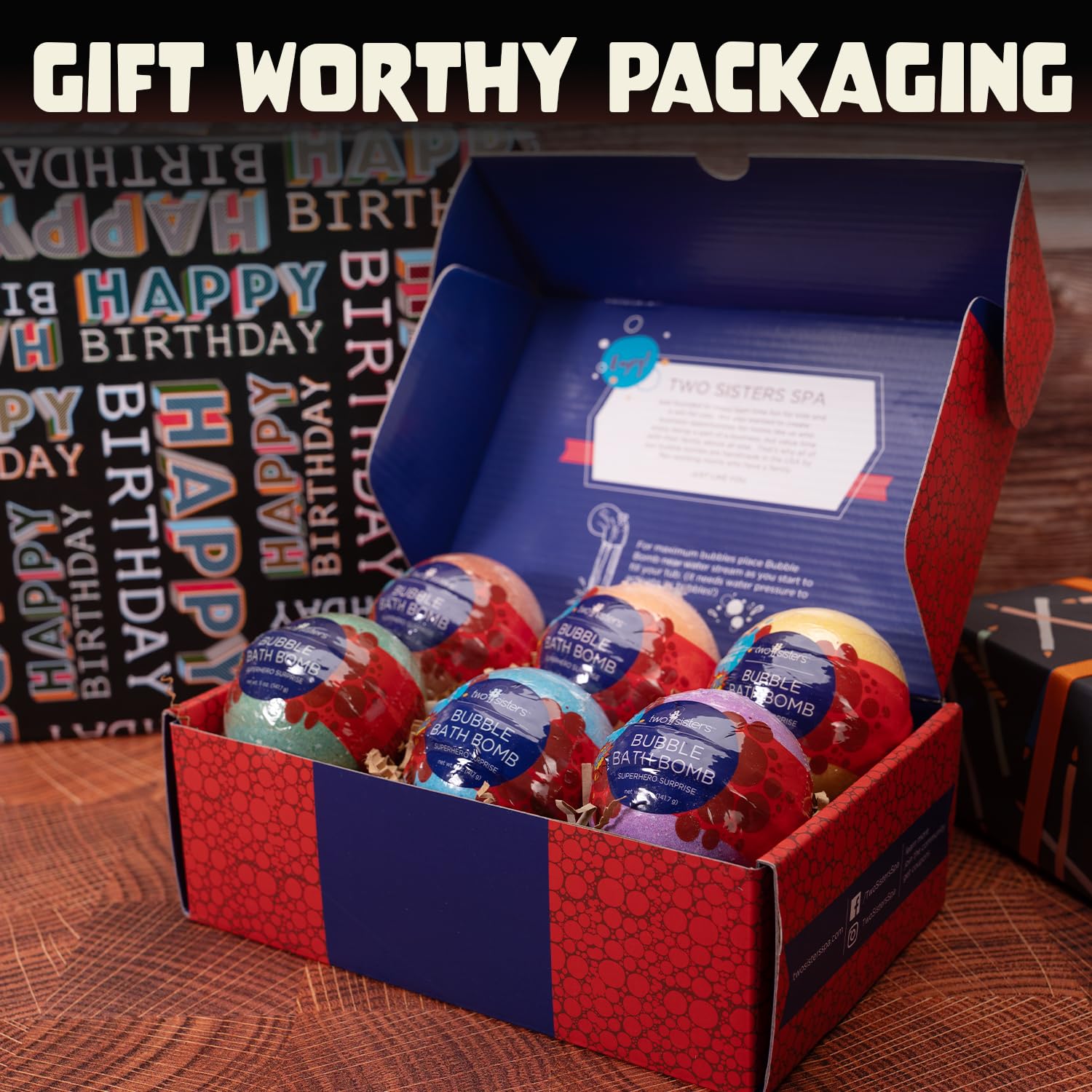 Two Sisters gift box showcases six festive bombs for birthdays or holidays.