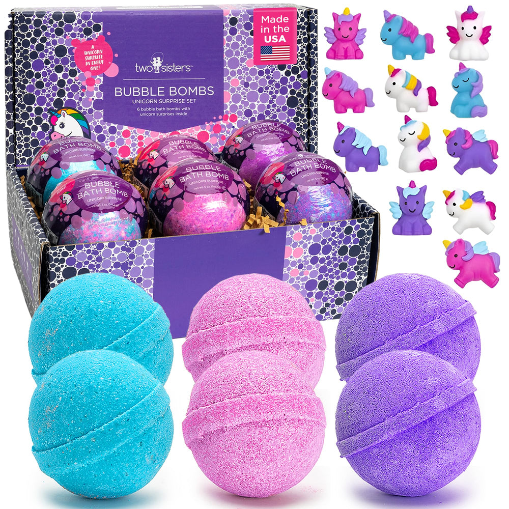 Two Sisters Unicorn Bath Bombs color bubbles swirl for kids' playful, fragrant bath time.