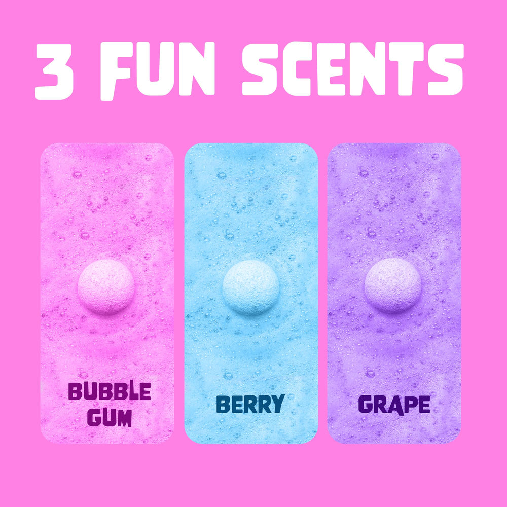 Two Sisters Unicorn Bath Bombs unleash fruity scents during a lively, easy cleanup bath.
