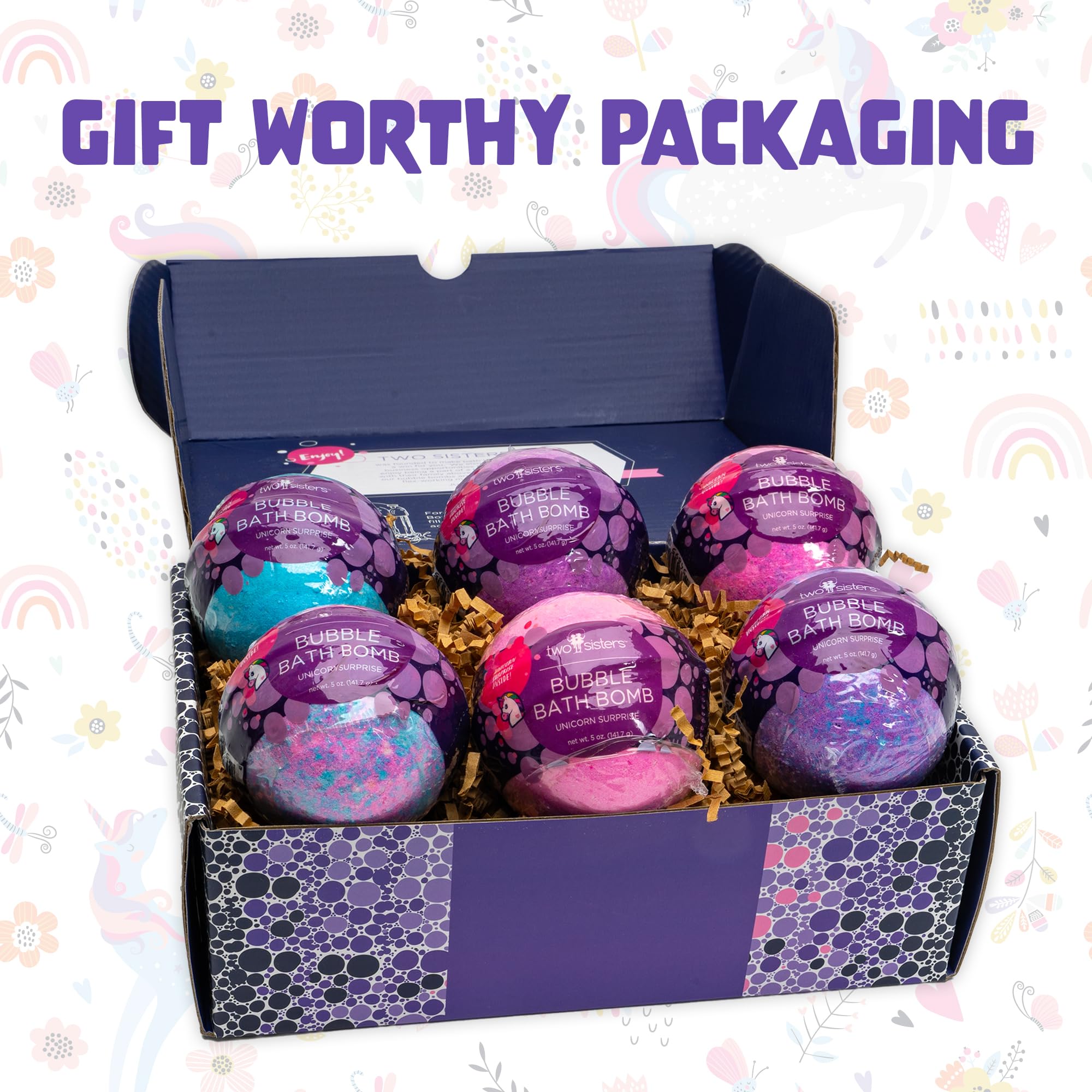 Two Sisters Unicorn Bath Bombs won’t stain tubs and arrive gift-ready for celebrations.