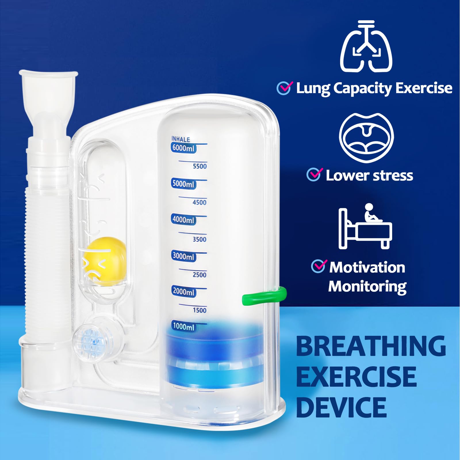 TyeinGo incentive spirometer in-use during breathing practice at home