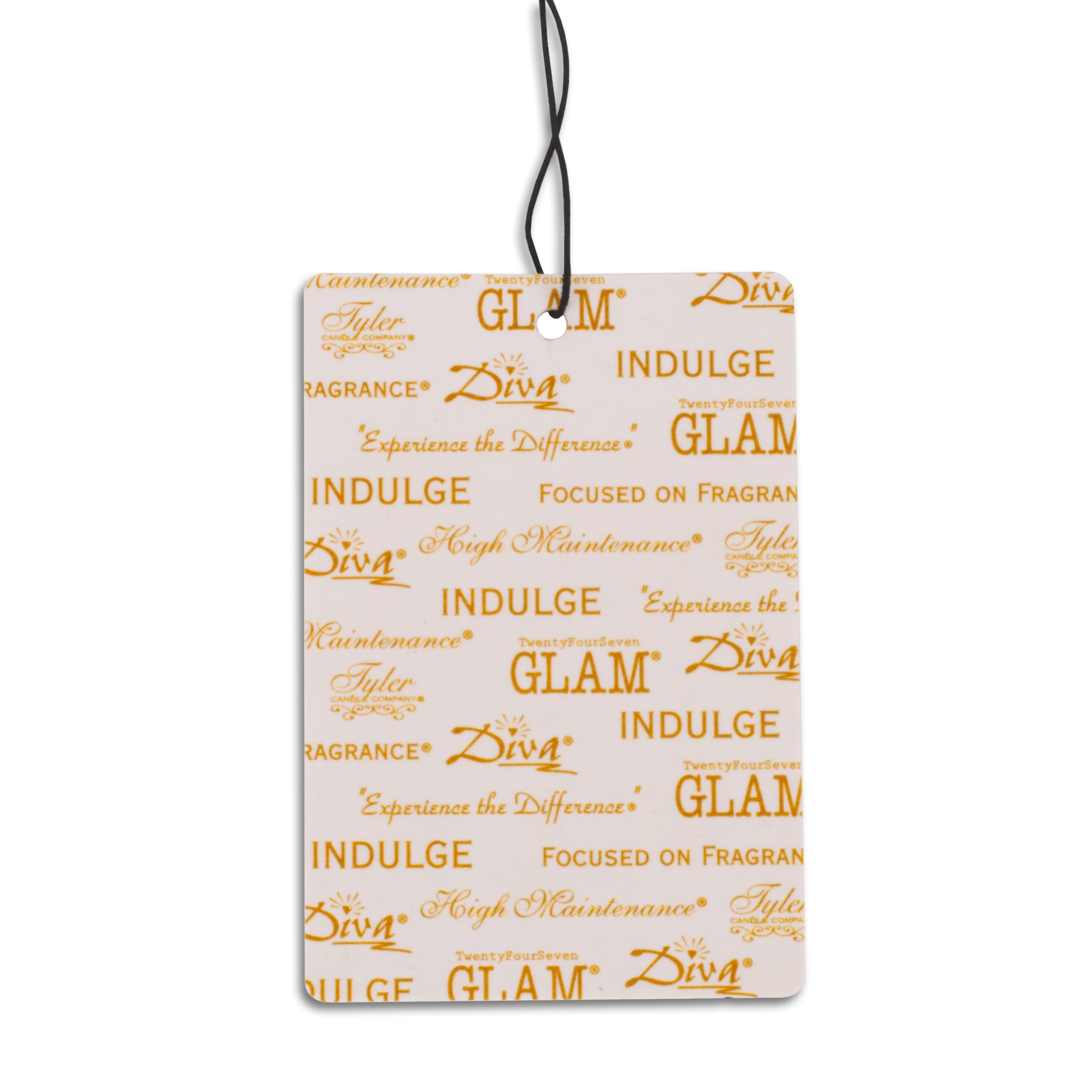 Tyler Candle Co Autoglam High Maintenance air freshener design-pattern showcases white and gold aesthetics.