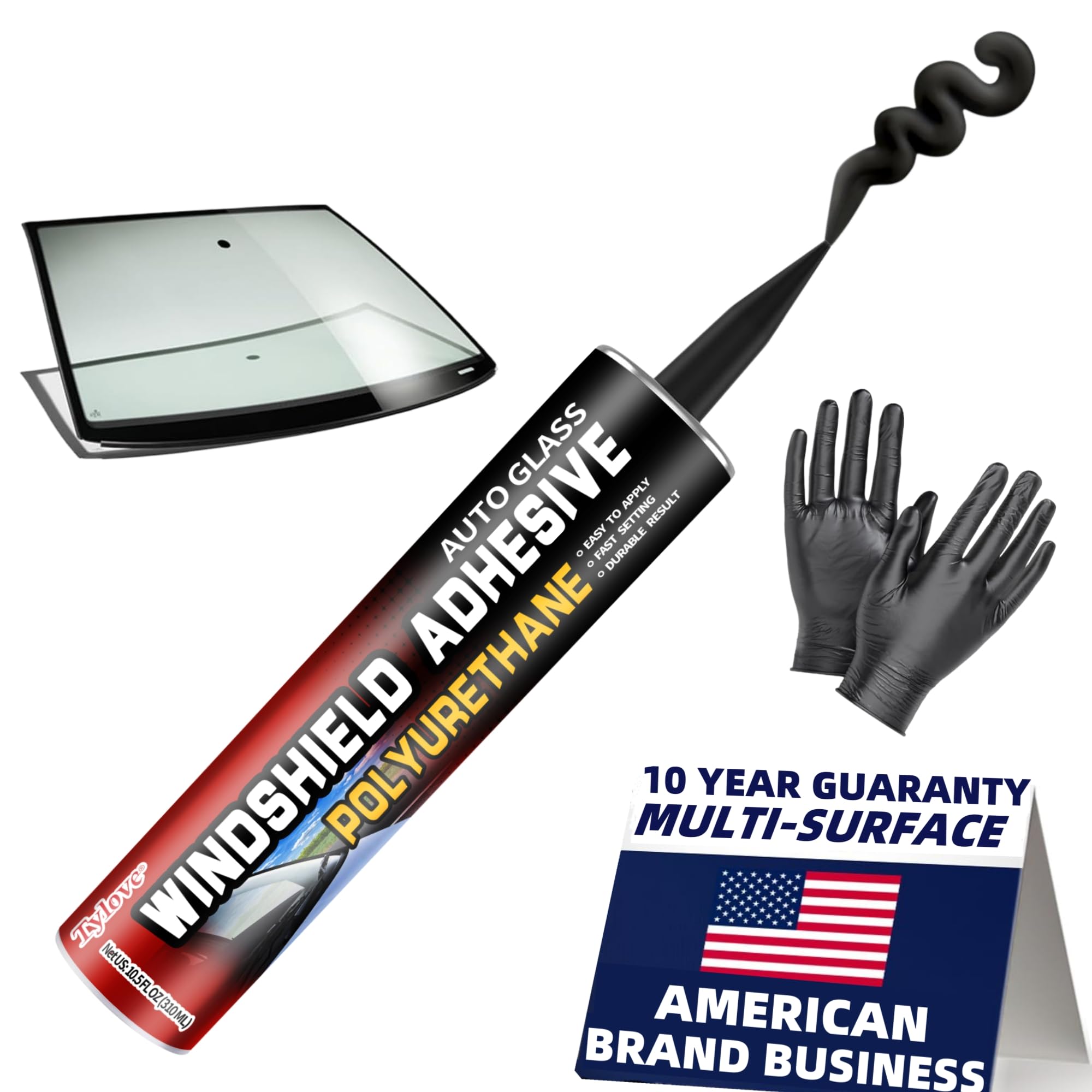 Tylove Windshield Urethane Adhesive packaging highlights all-weather durability for auto glass.