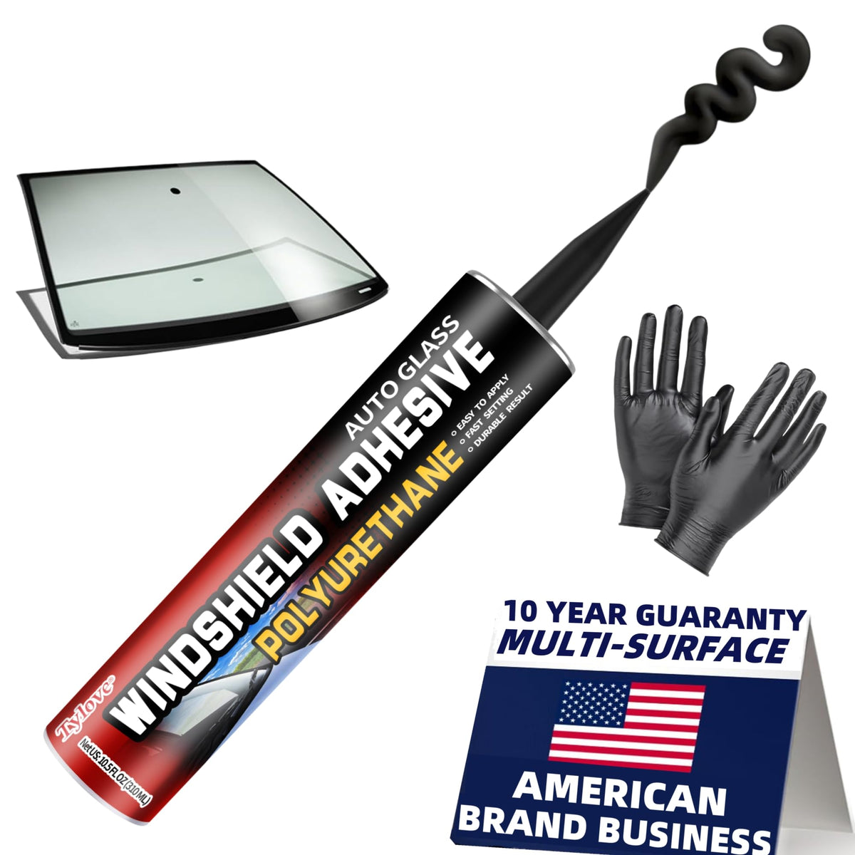 Tylove Windshield Urethane Adhesive packaging highlights all-weather durability for auto glass.