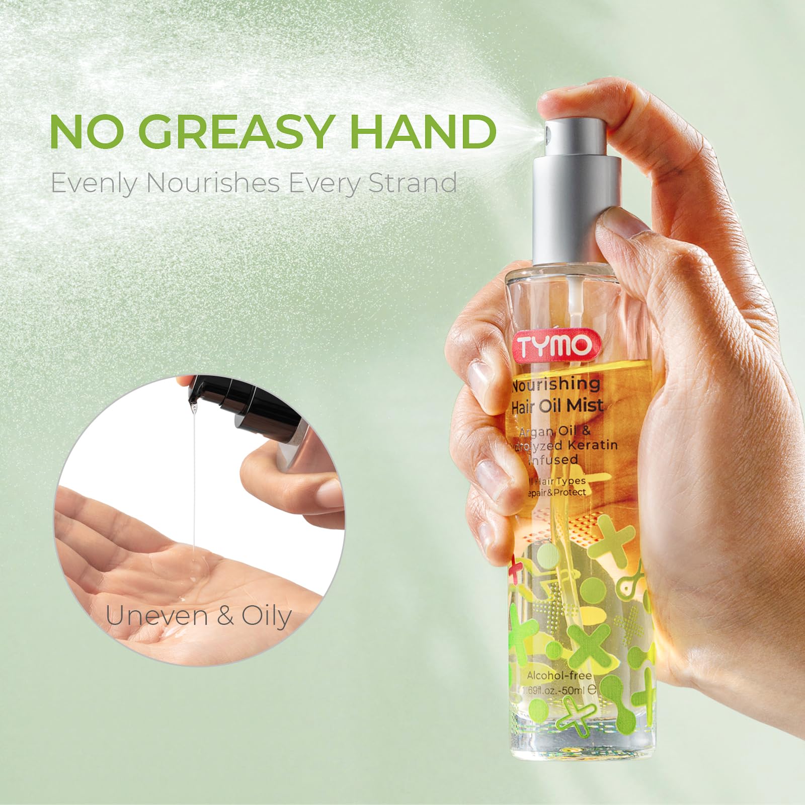TYMO Argan Hair Oil Spray six-oil blend bottle visual highlighting rich nourishment.