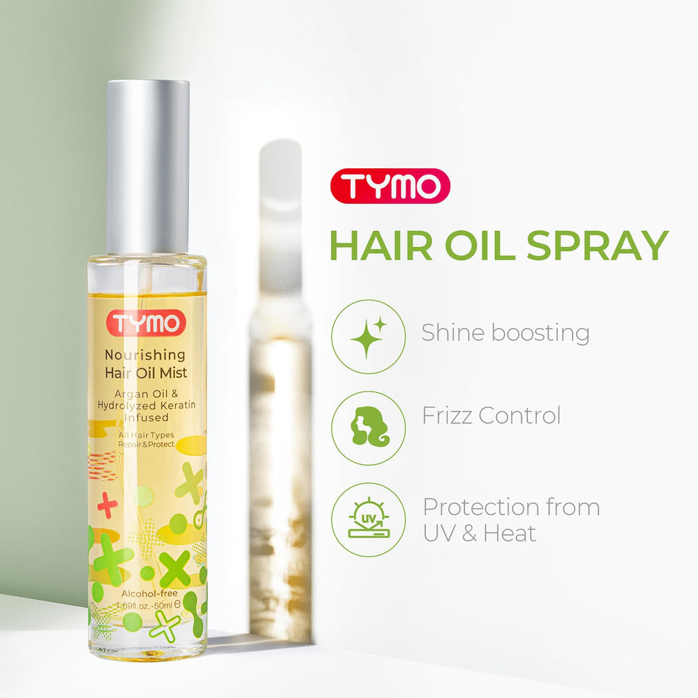 TYMO Argan Hair Oil Spray close-up of the dispense head delivering controlled mist.
