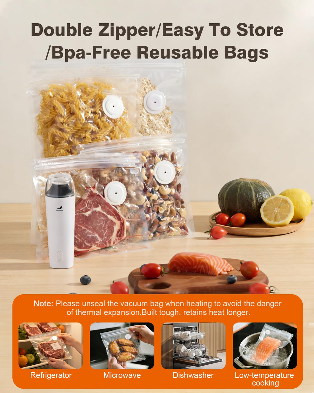 Tynjuov vacuum bags suitable for sous vide, freezer, and microwave use