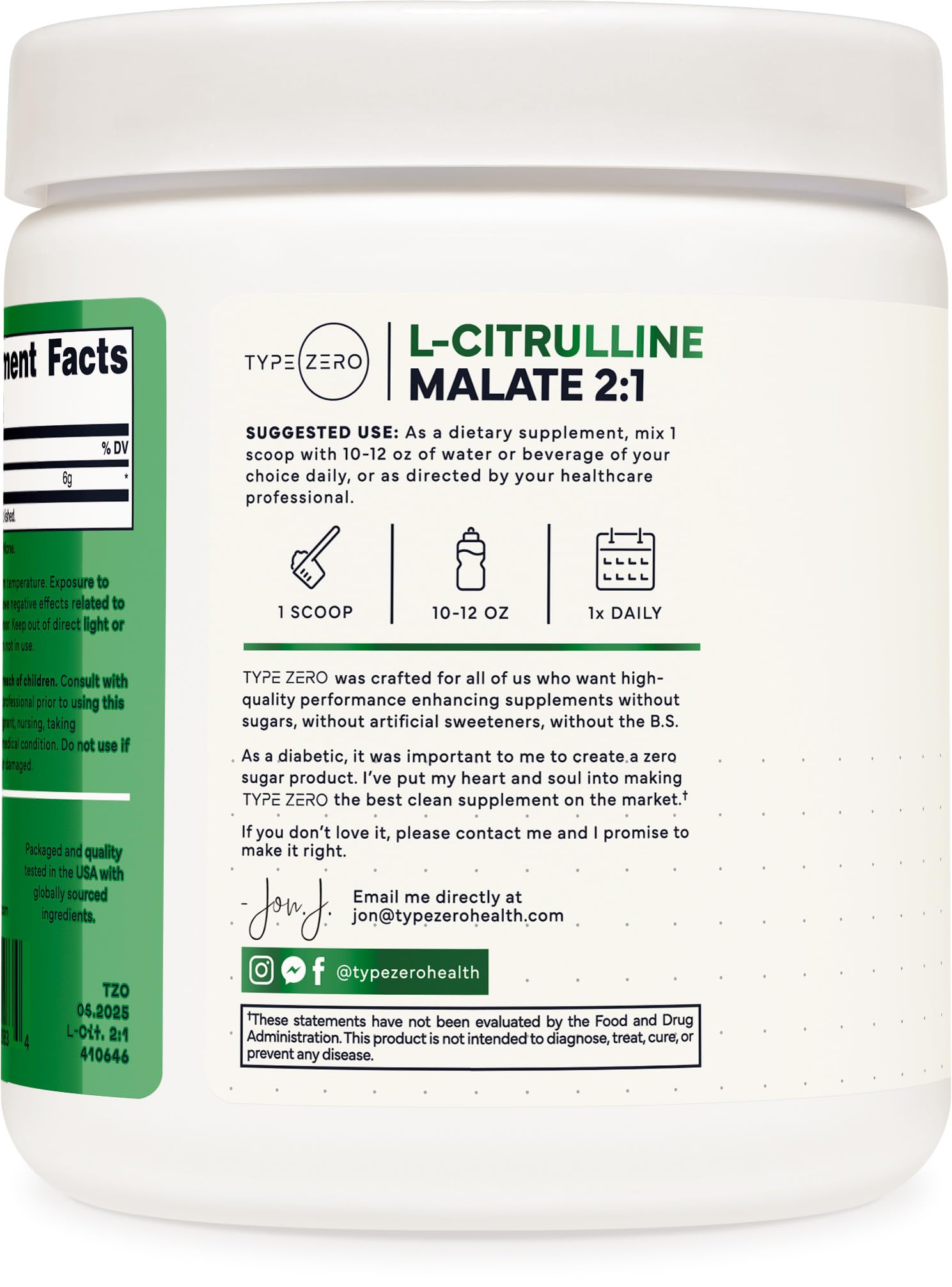 Type Zero L-Citrulline Malate powder bottle nutrition facts close-up highlighting details
