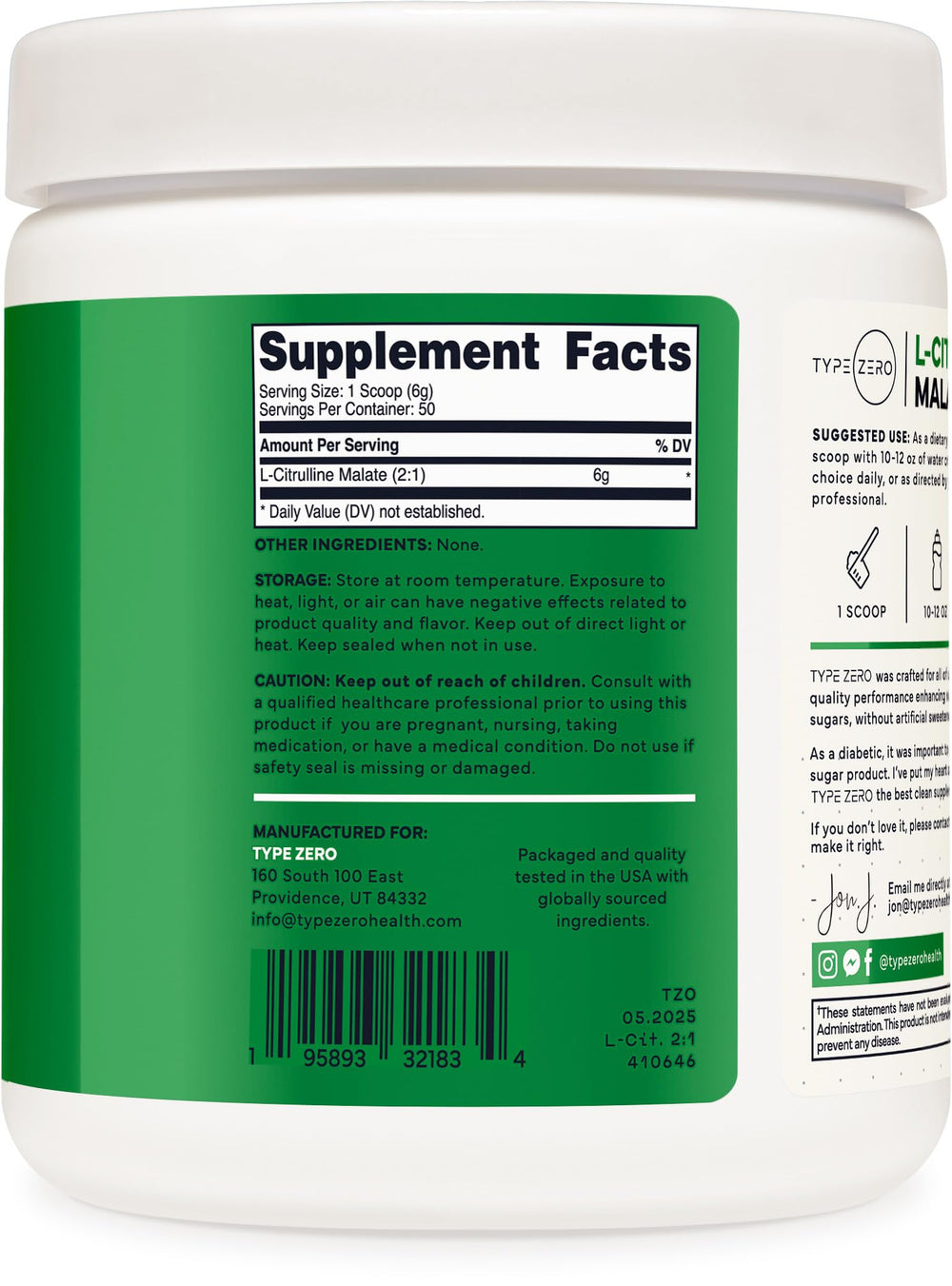 Type Zero L-Citrulline Malate powder ingredients list highlight clean formula