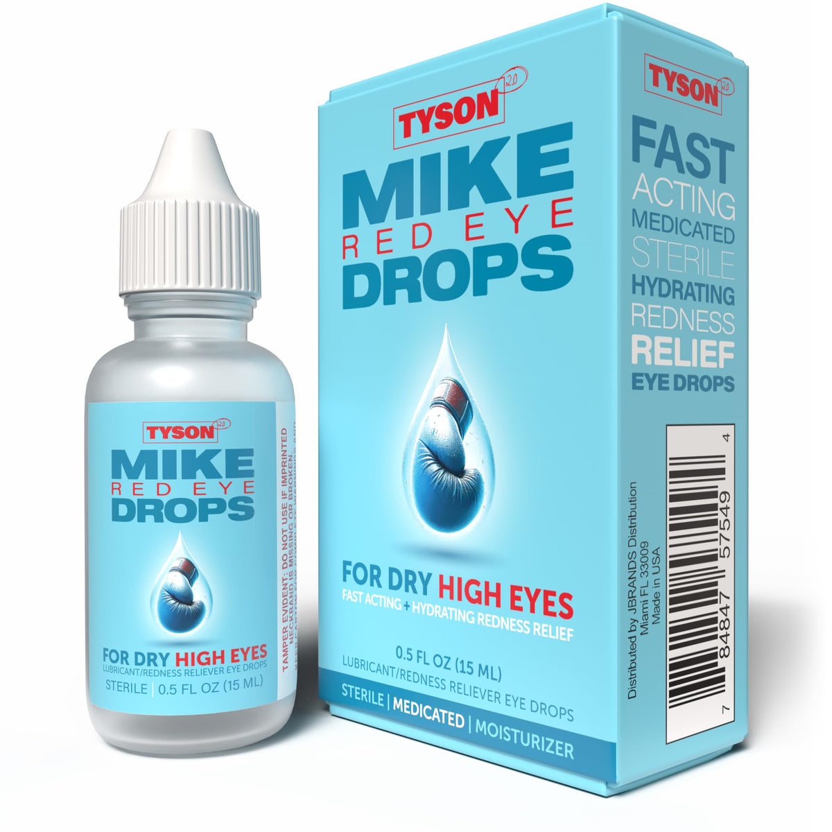 Tyson 2.0 Mike Red Eye Drops bottle close-up for on-the-go relief.