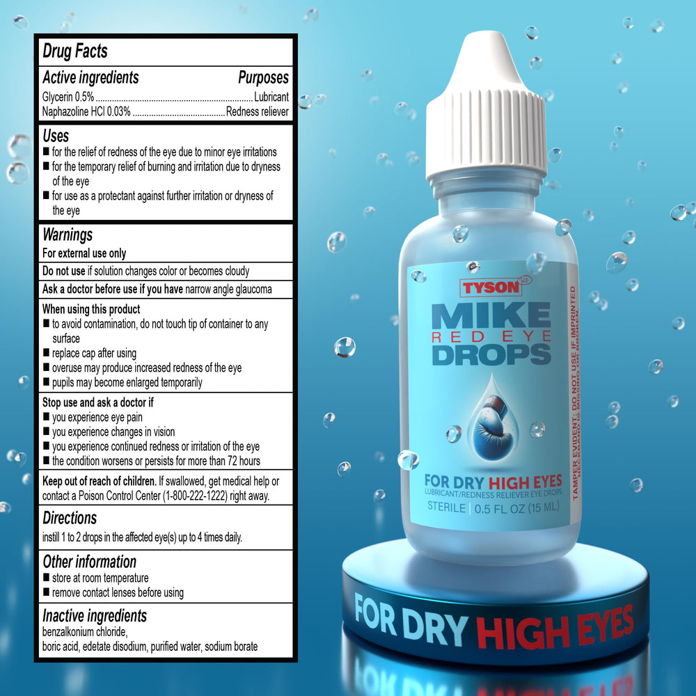 Tyson 2.0 Mike Red Eye Drops in use for eye refreshment.