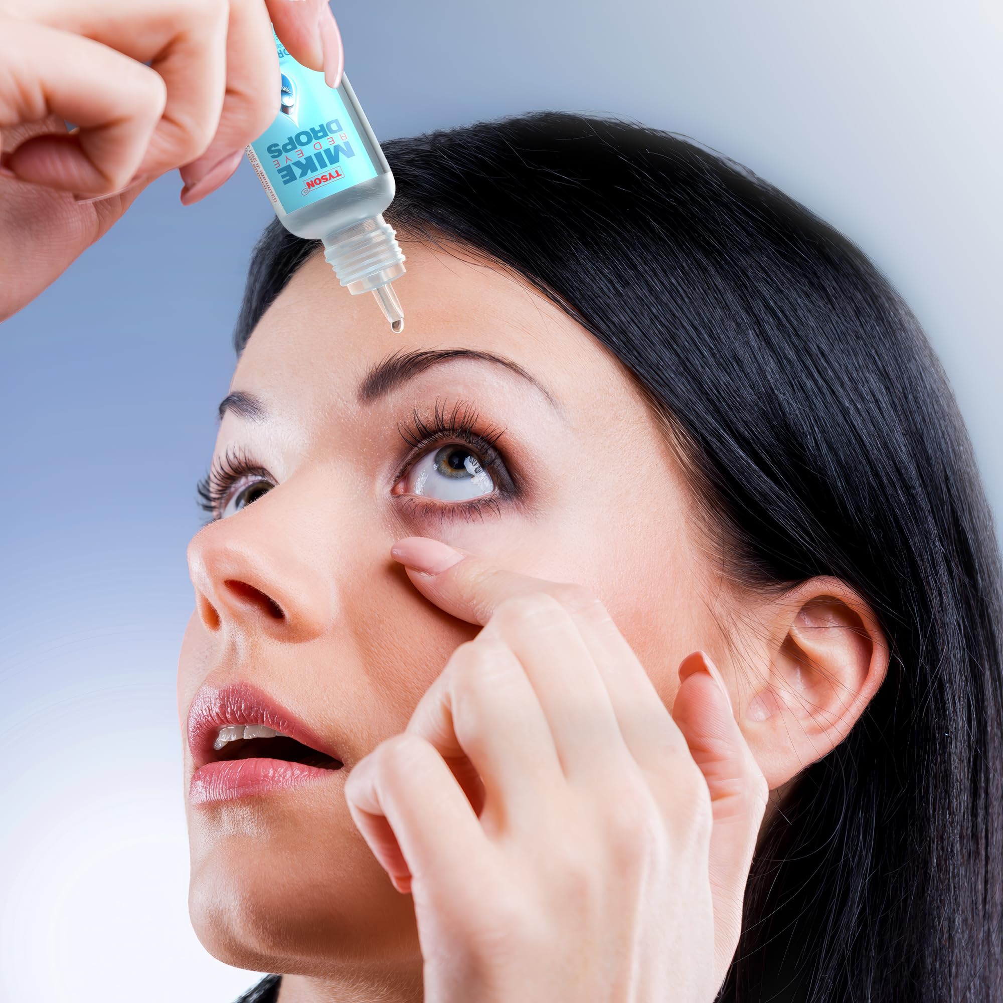 Tyson 2.0 Mike Red Eye Drops demonstrate redness relief on tired eyes.