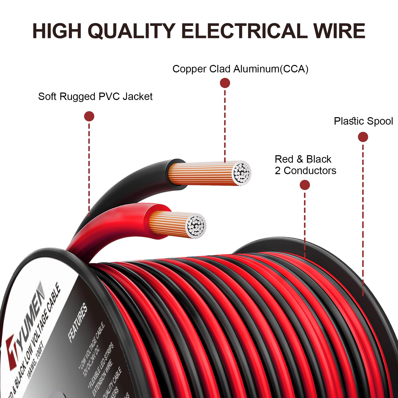Tyumen 18 AWG black spool, rugged DC cable for reliable connections.