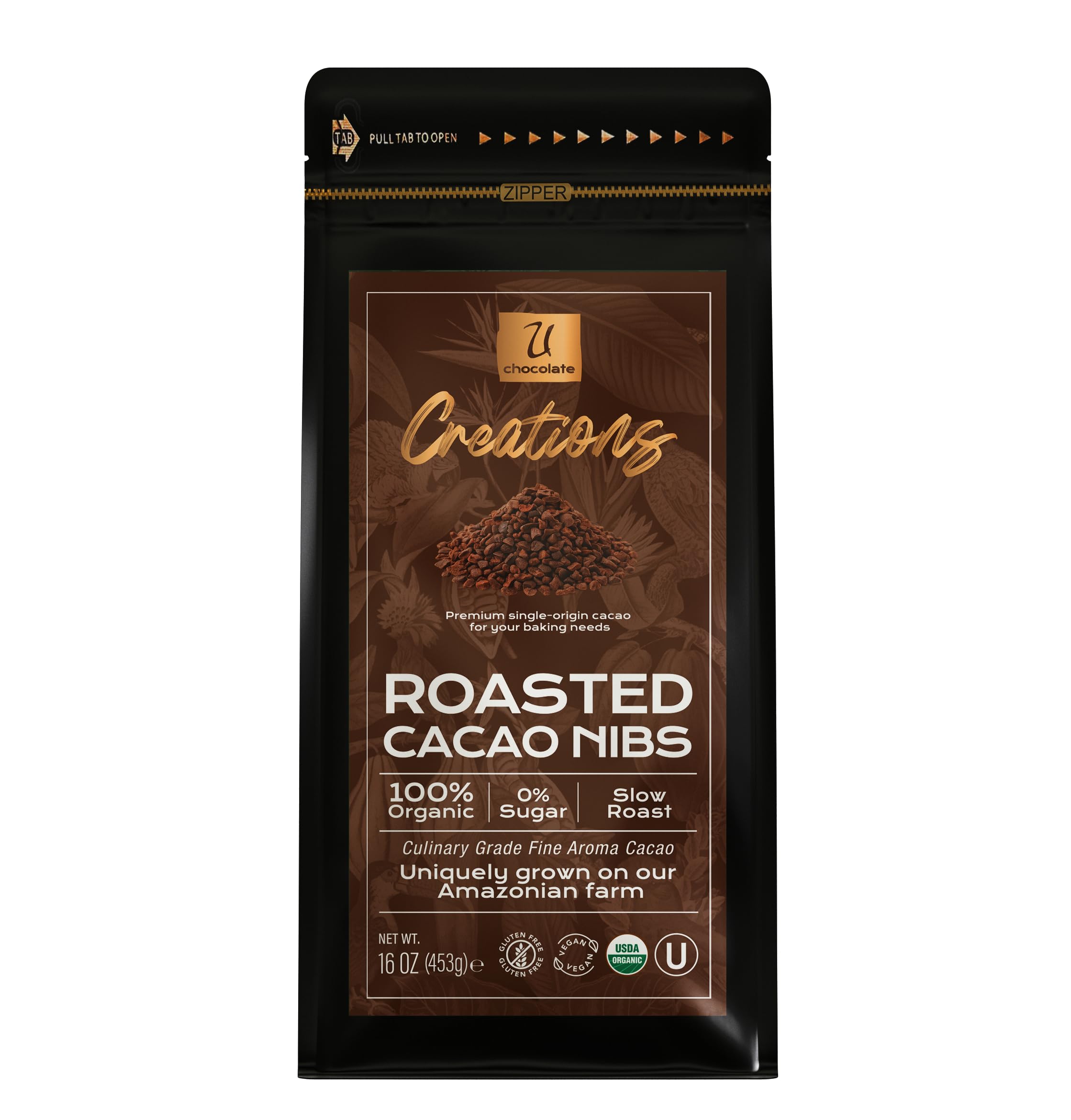 U Chocolate Creations cacao nibs, farm-fresh texture for a wholesome snack.