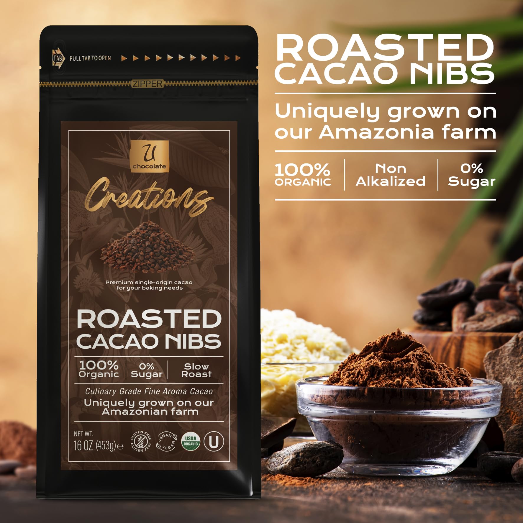 U Chocolate Creations cacao nibs on ice cream, adds depth of flavor.