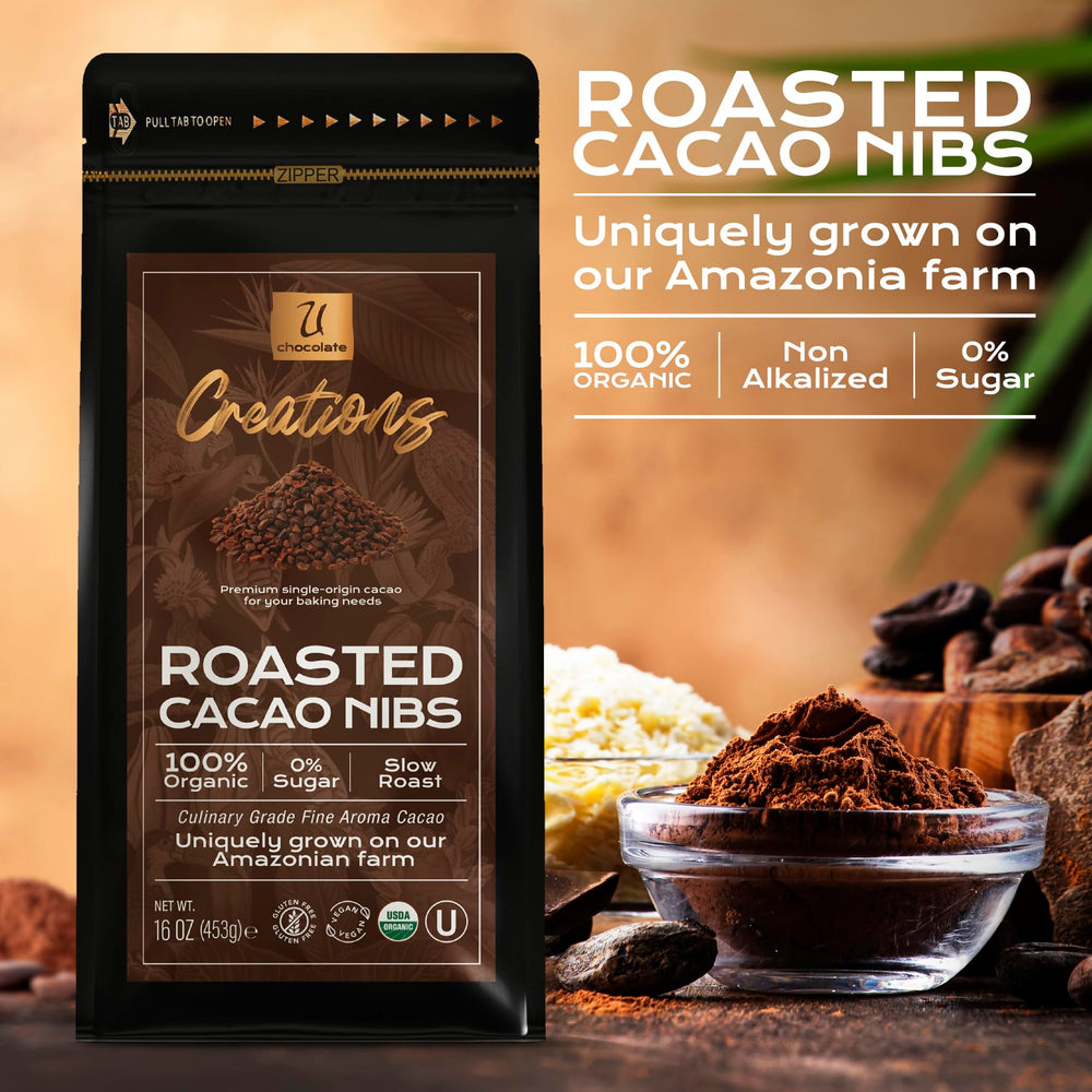 U Chocolate Creations cacao nibs on ice cream, adds depth of flavor.