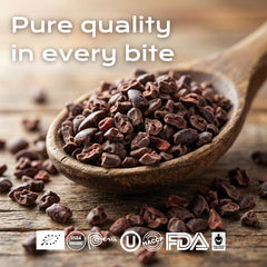Cacao nibs in a bowl with U Chocolate Creations, perfect granola topping.