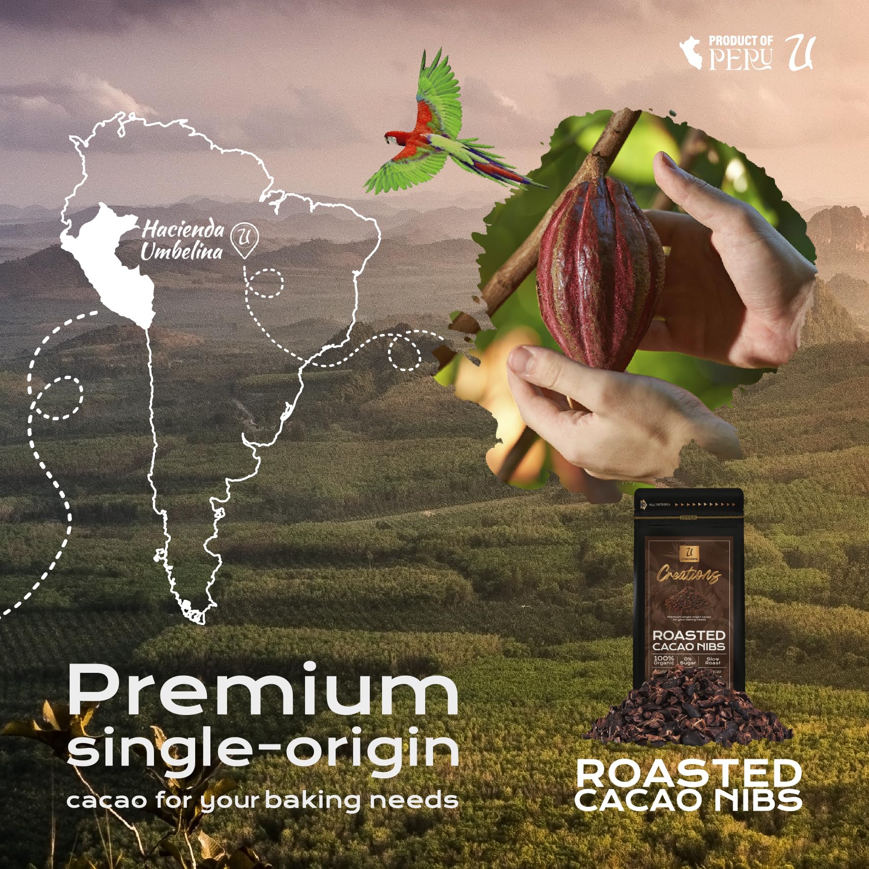 U Chocolate Creations cacao nibs package, organic, additive-free chocolate boost for recipes.