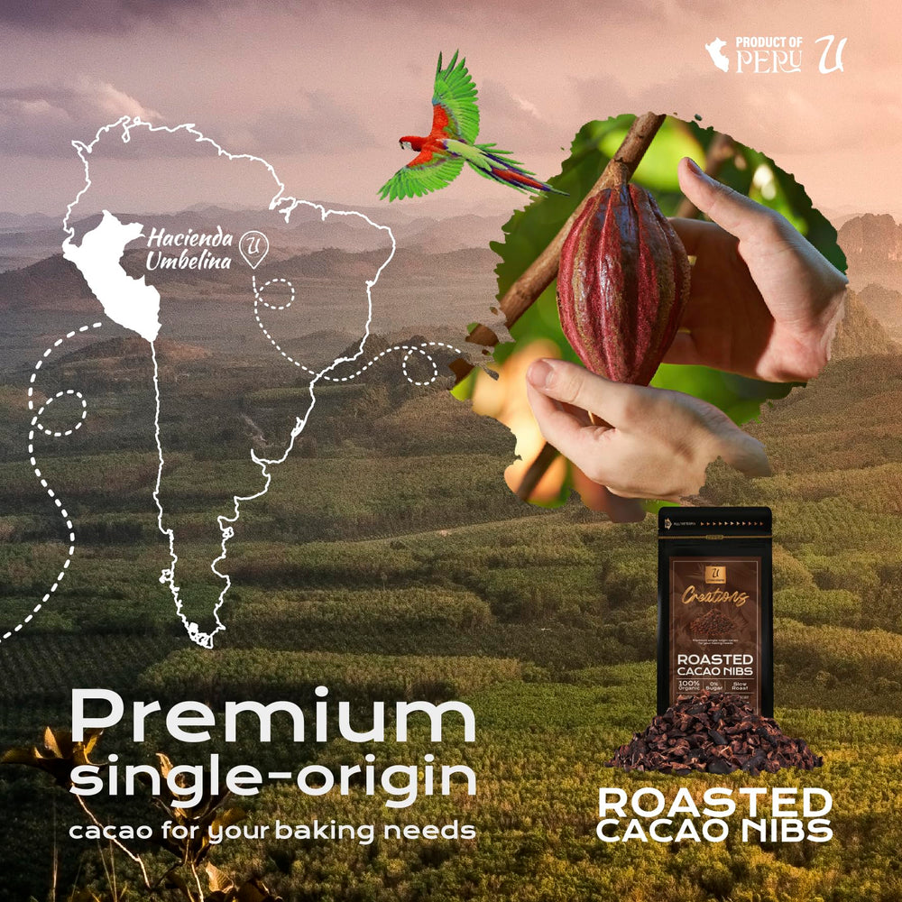 U Chocolate Creations cacao nibs package, organic, additive-free chocolate boost for recipes.