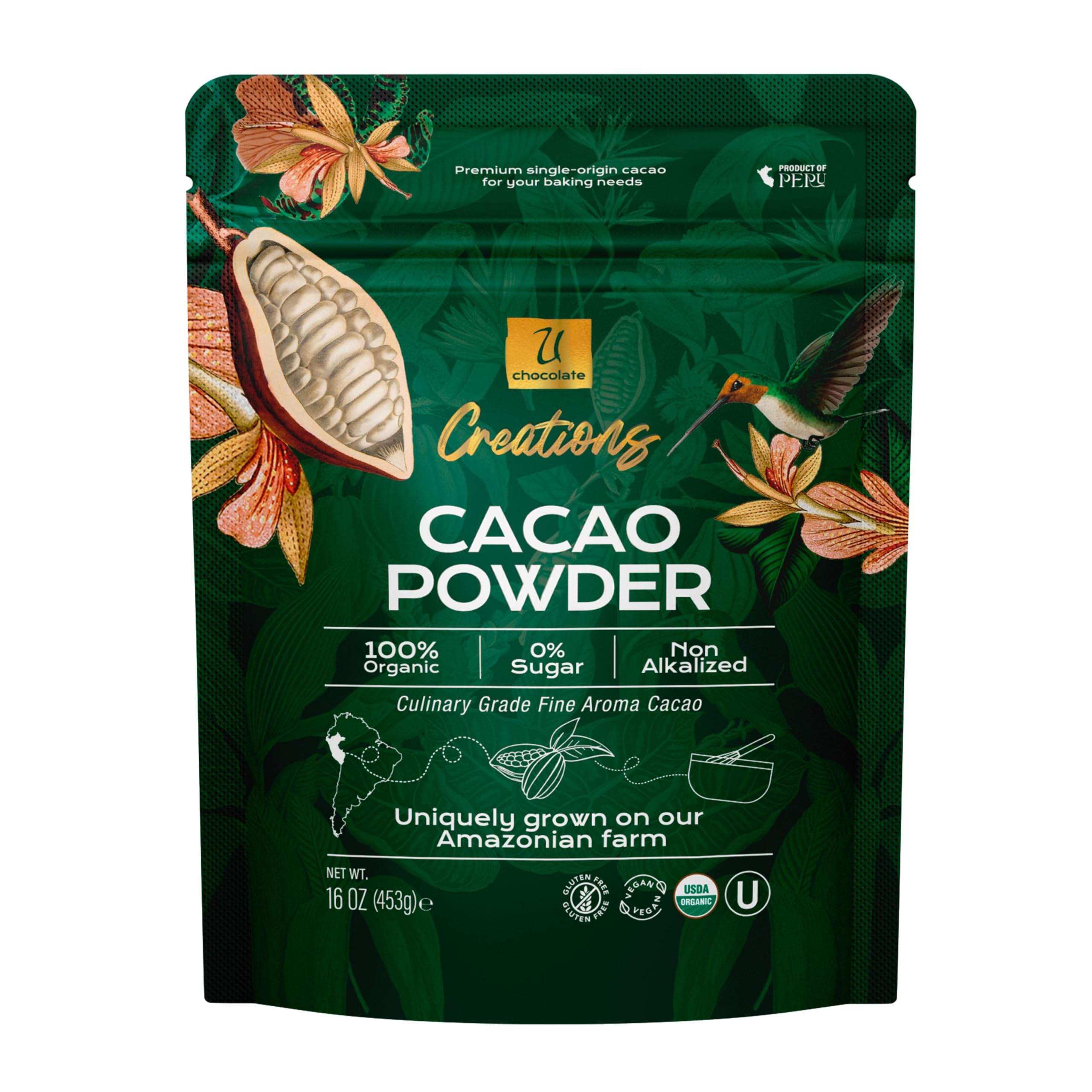 U Chocolate Organic Cacao Powder 16oz bag for baking and smoothies.