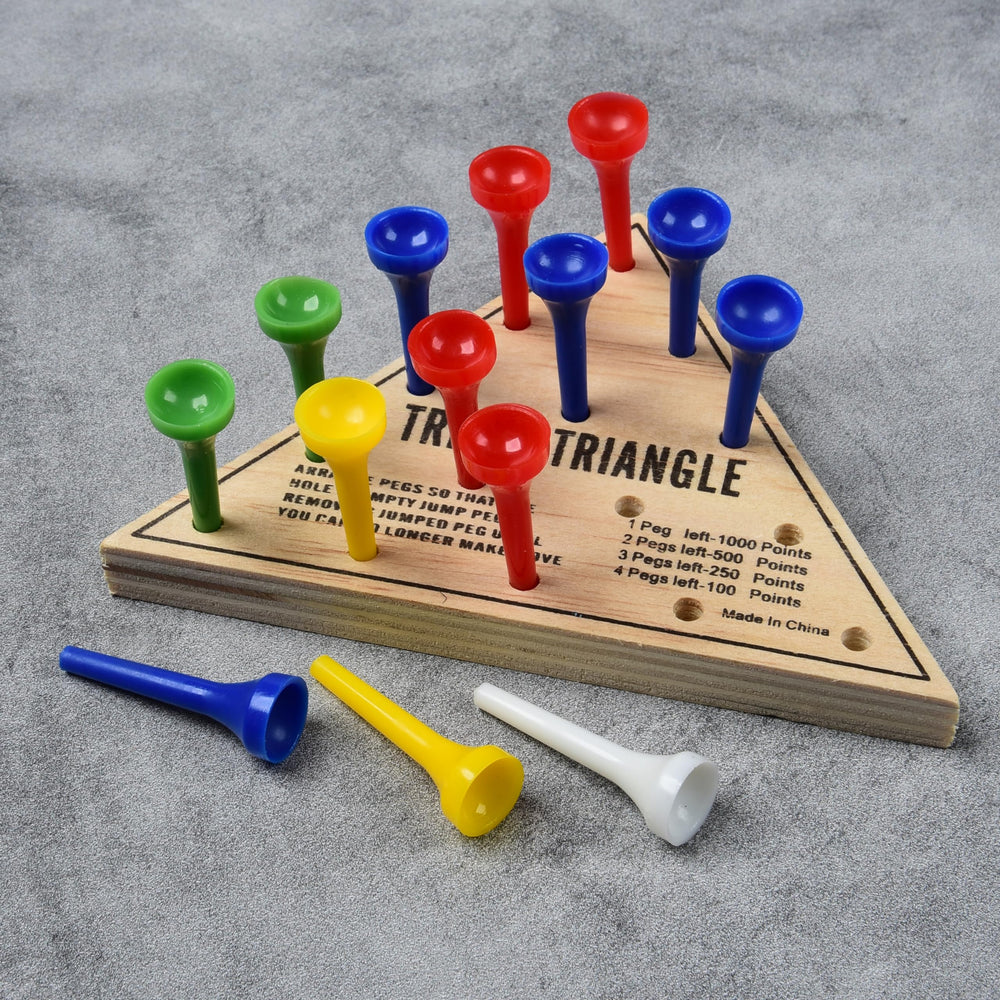 Wooden triangular board of the Tricky Triangle Game in use