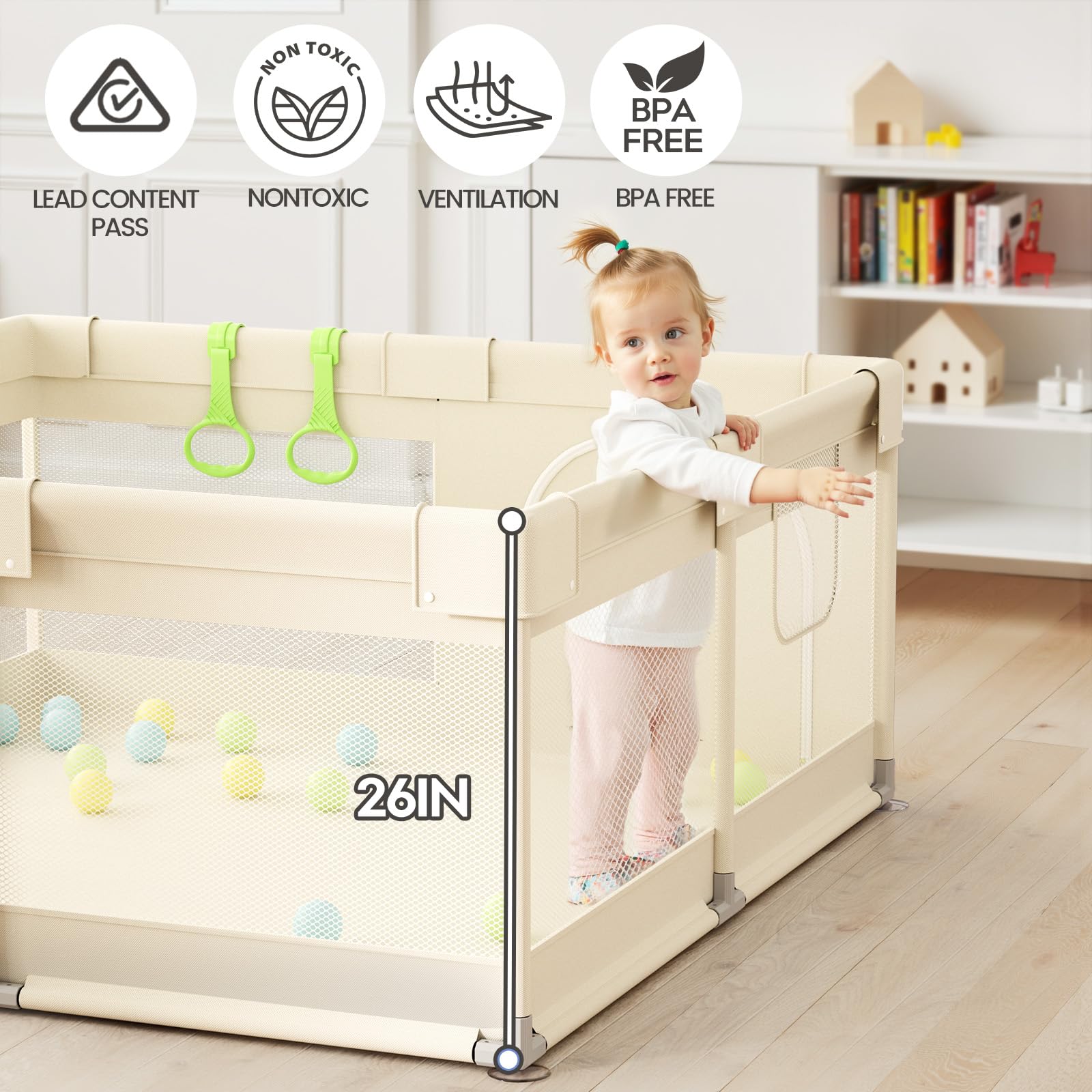 UANLAUO beige small baby playpen with 360-degree mesh walls for easy monitoring.
