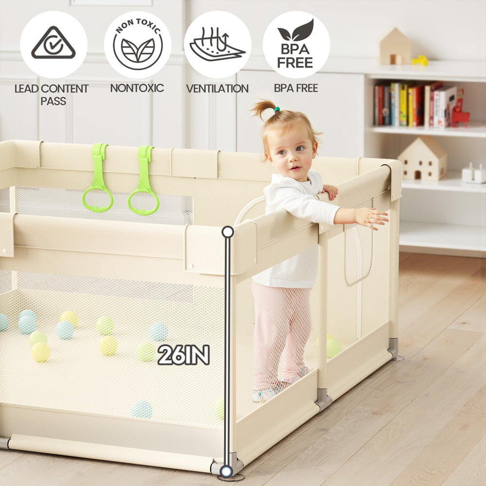 UANLAUO beige small baby playpen with 360-degree mesh walls for easy monitoring.