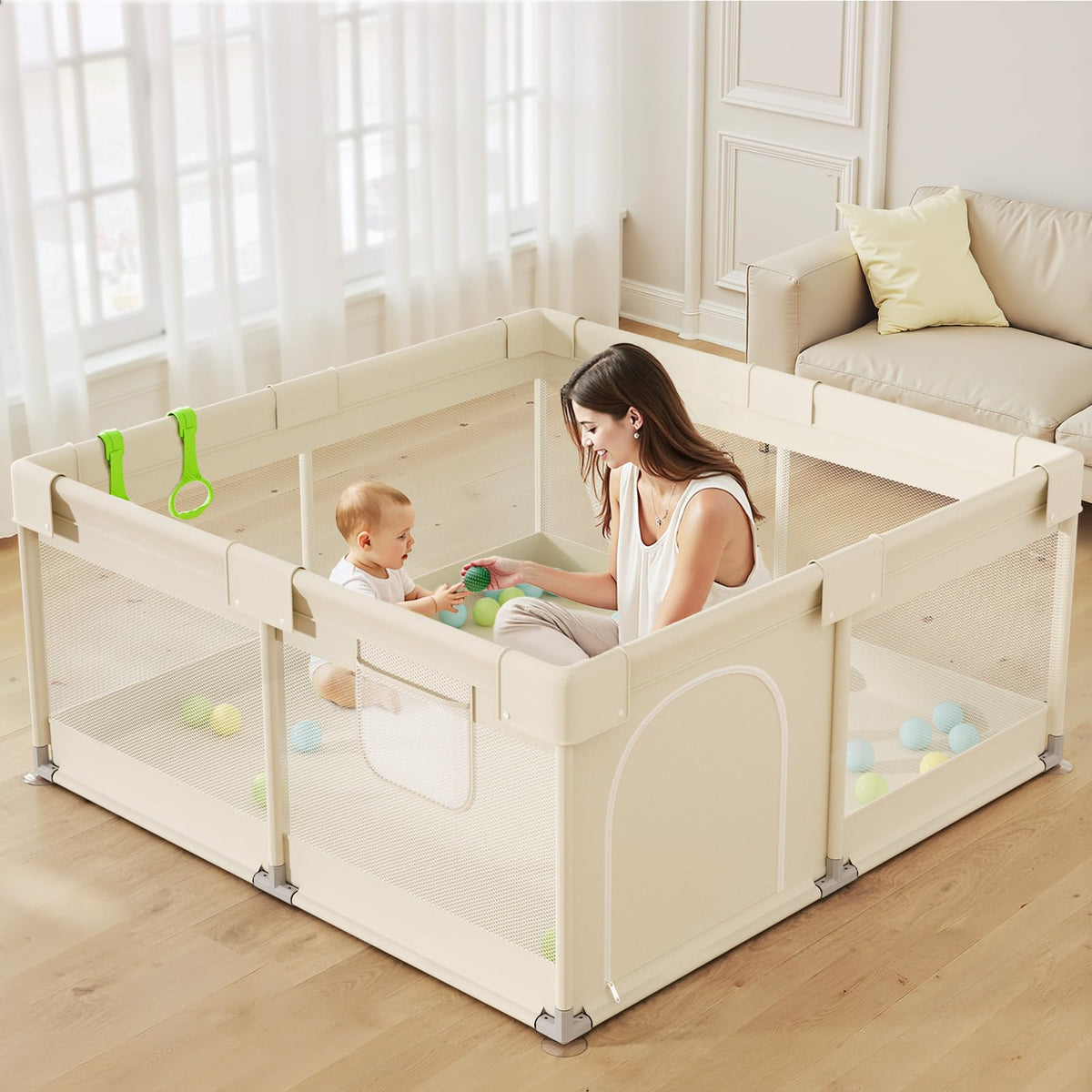 UANLAUO beige small baby playpen assembled for spacious playtime and safe supervision.