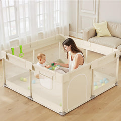 UANLAUO beige small baby playpen assembled for spacious playtime and safe supervision.