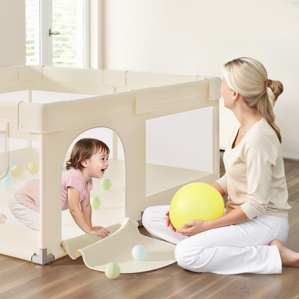 UANLAUO beige playpen with easy-clean surface for quick maintenance.