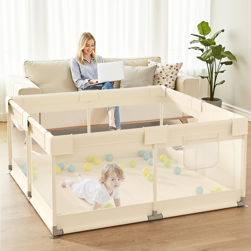UANLAUO beige playpen in a nursery setting highlighting calm decor.
