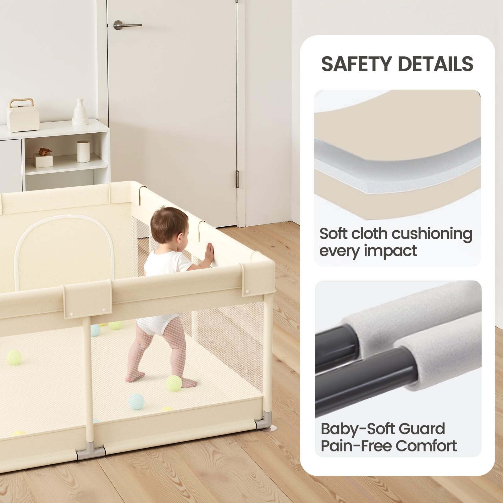 UANLAUO beige playpen showing storage pockets for toys and essentials.