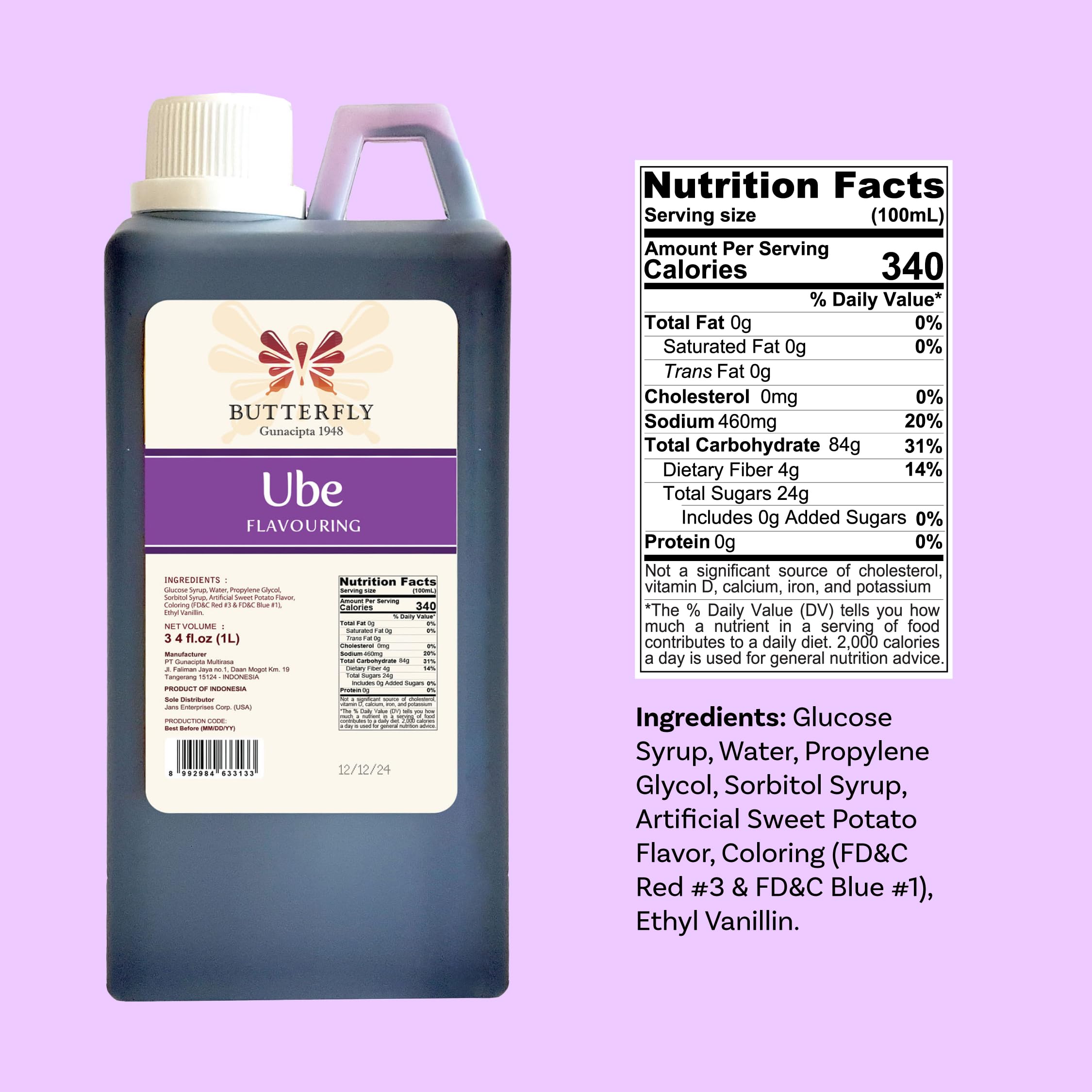 Pouring Ube Butterfly extract from the bottle for cakes and pastries