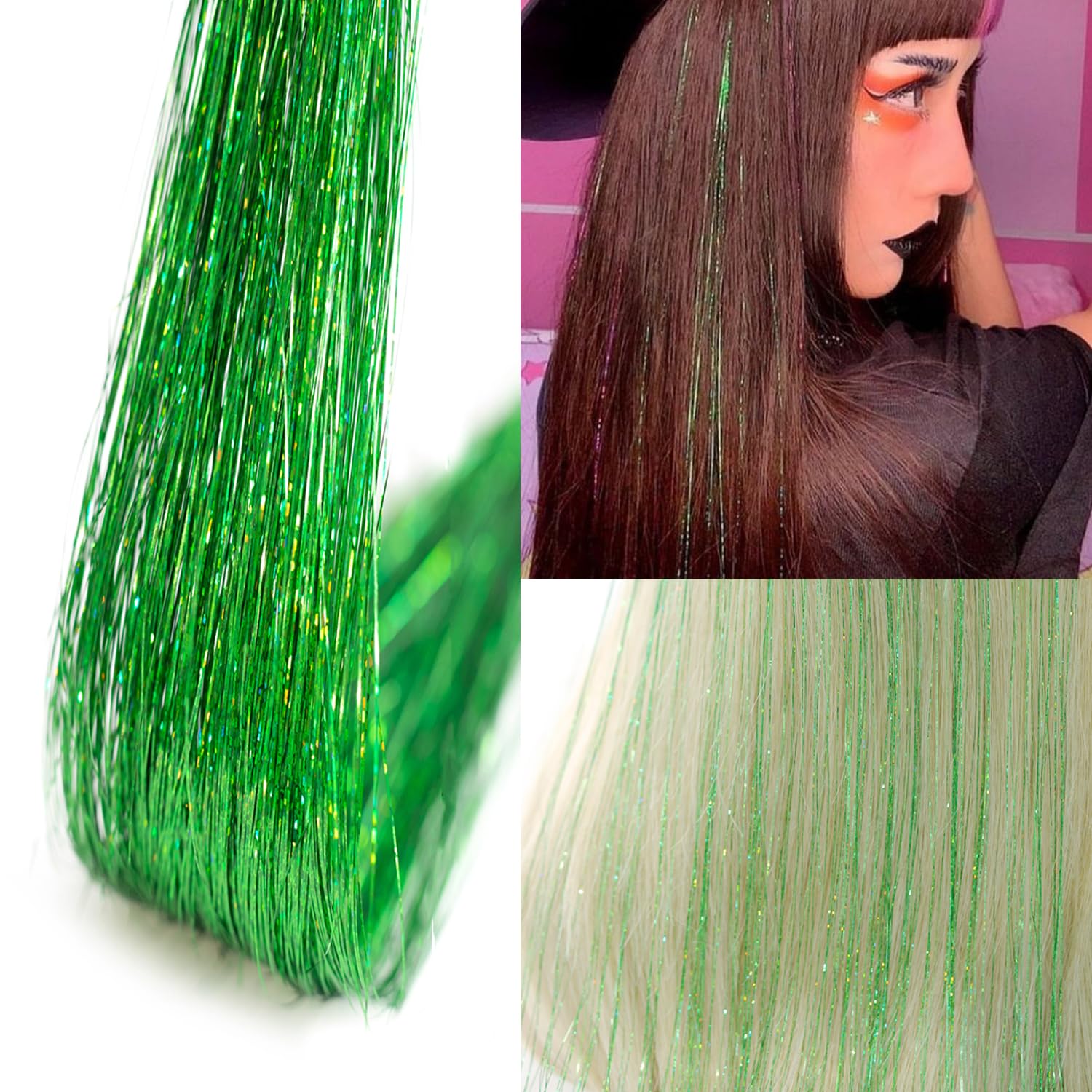Close-up of fruit green tinsel strands showing heat-resistant fibers