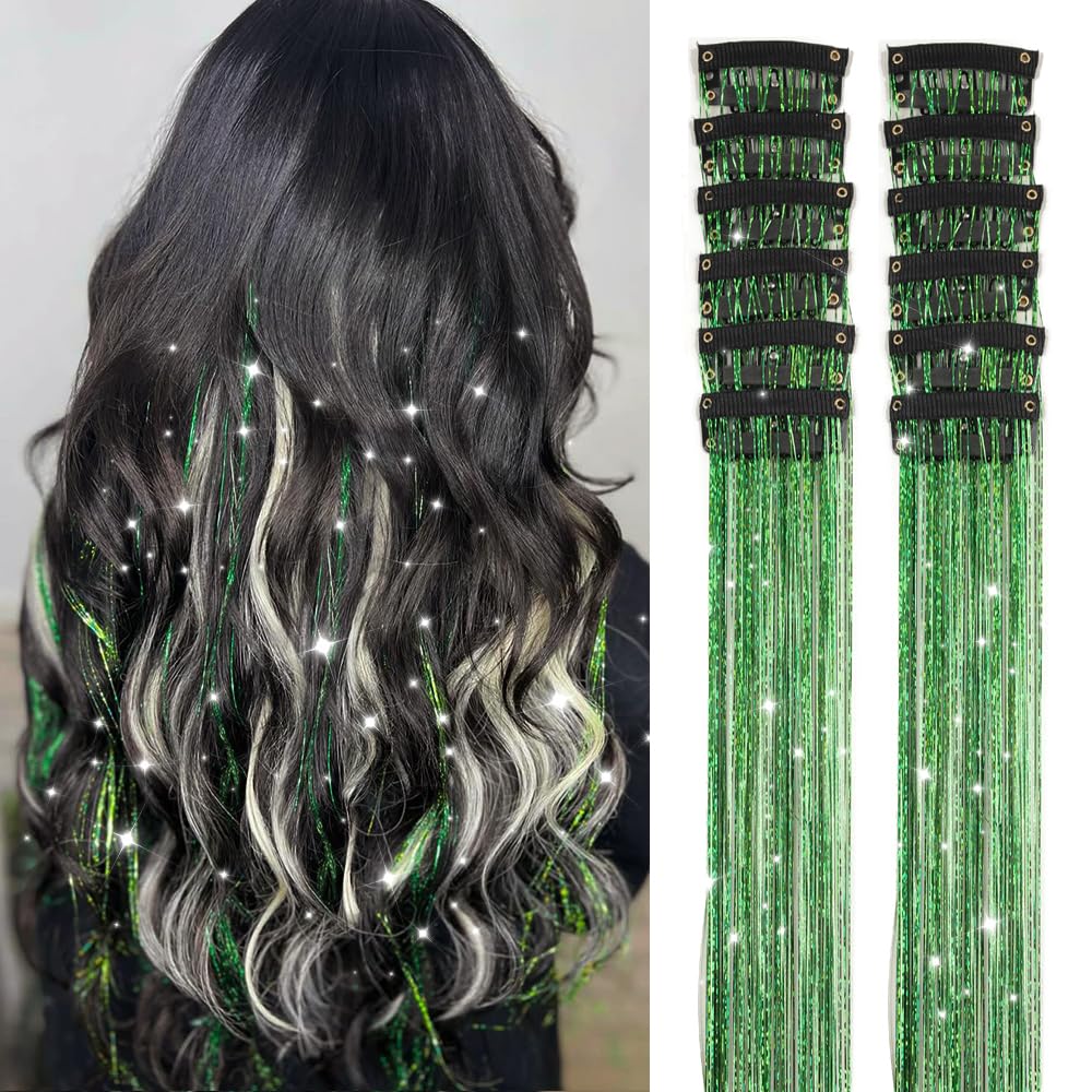 Ubeleco green hair tinsel clipped in for instant festive sparkle