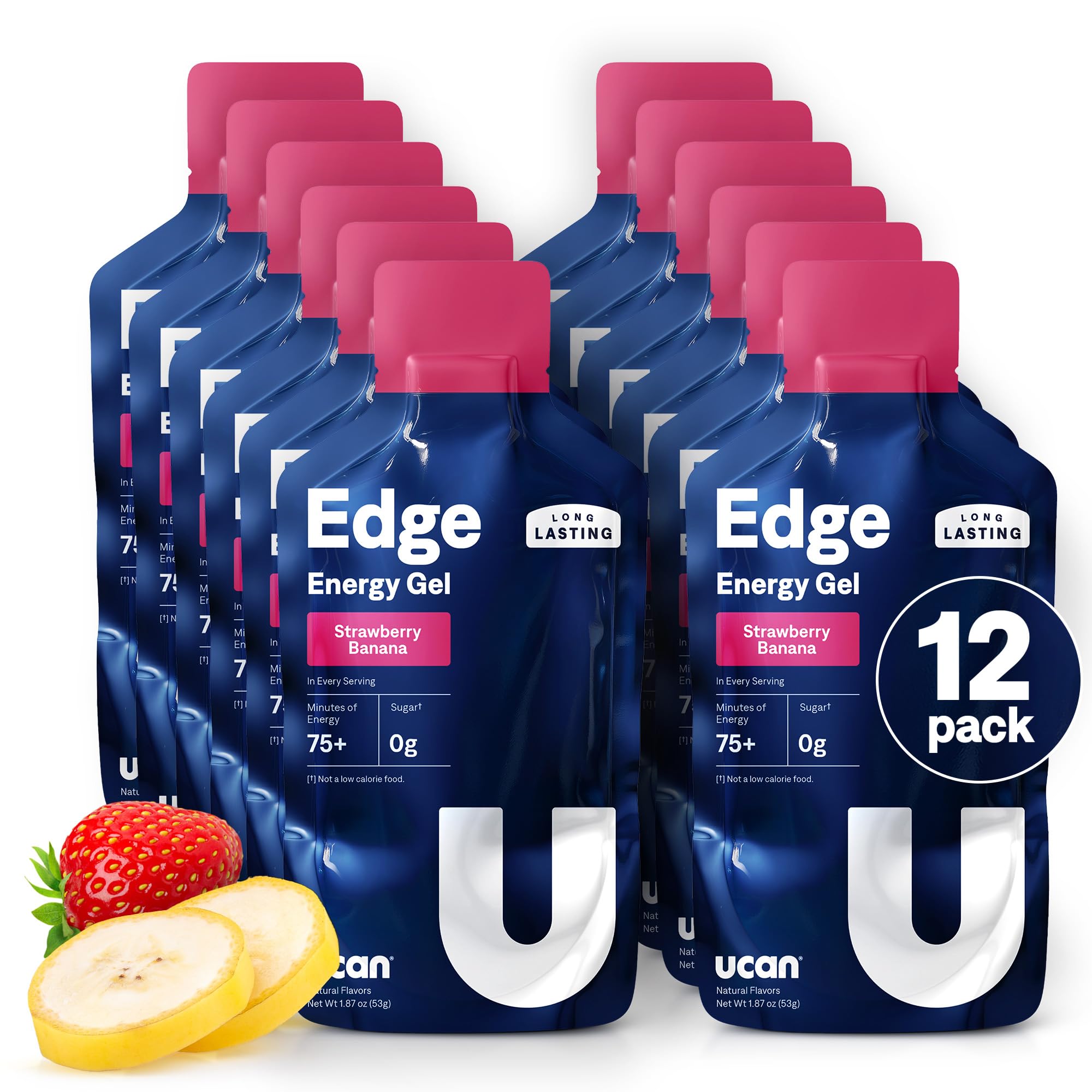 UCAN Edge energy gel shot bottle strawberry banana for steady endurance during workouts.