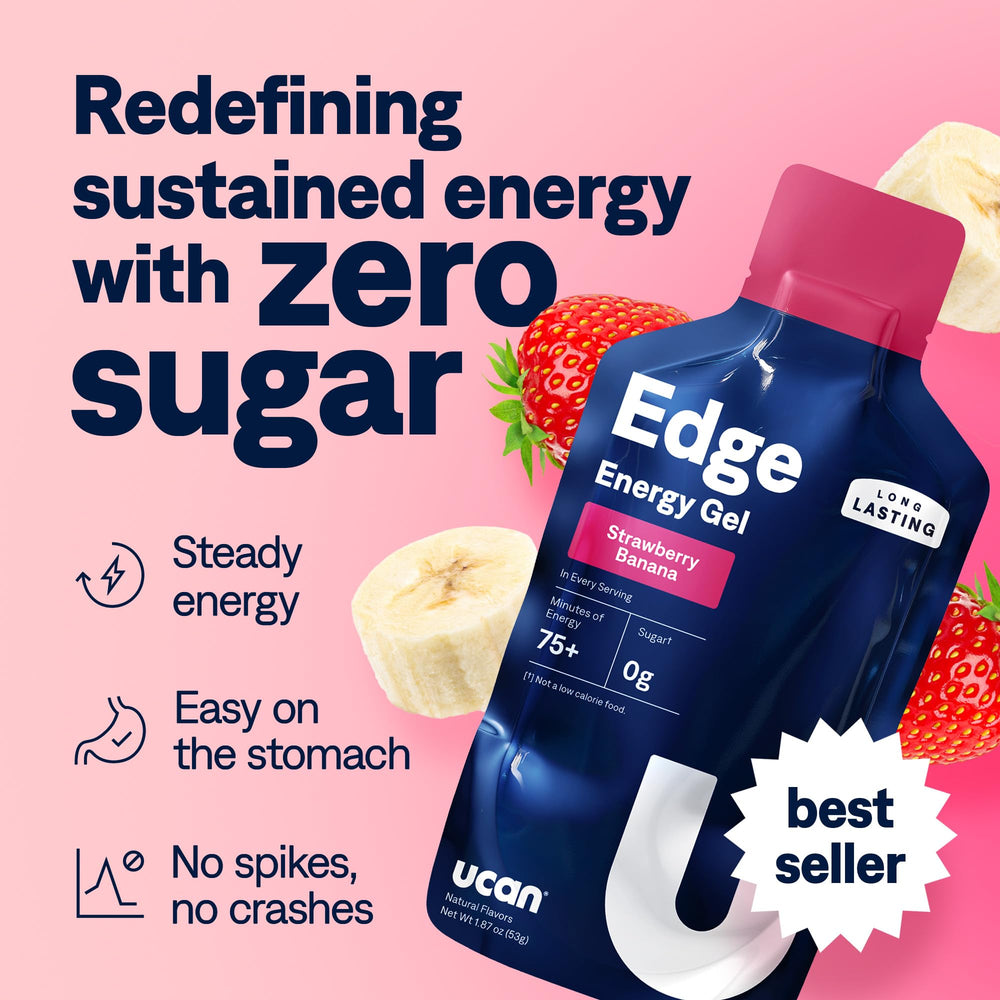 UCAN Edge energy gel shot packets strawberry banana offering convenient on-the-go fueling.