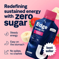 UCAN Edge energy gel shot packets strawberry banana offering convenient on-the-go fueling.