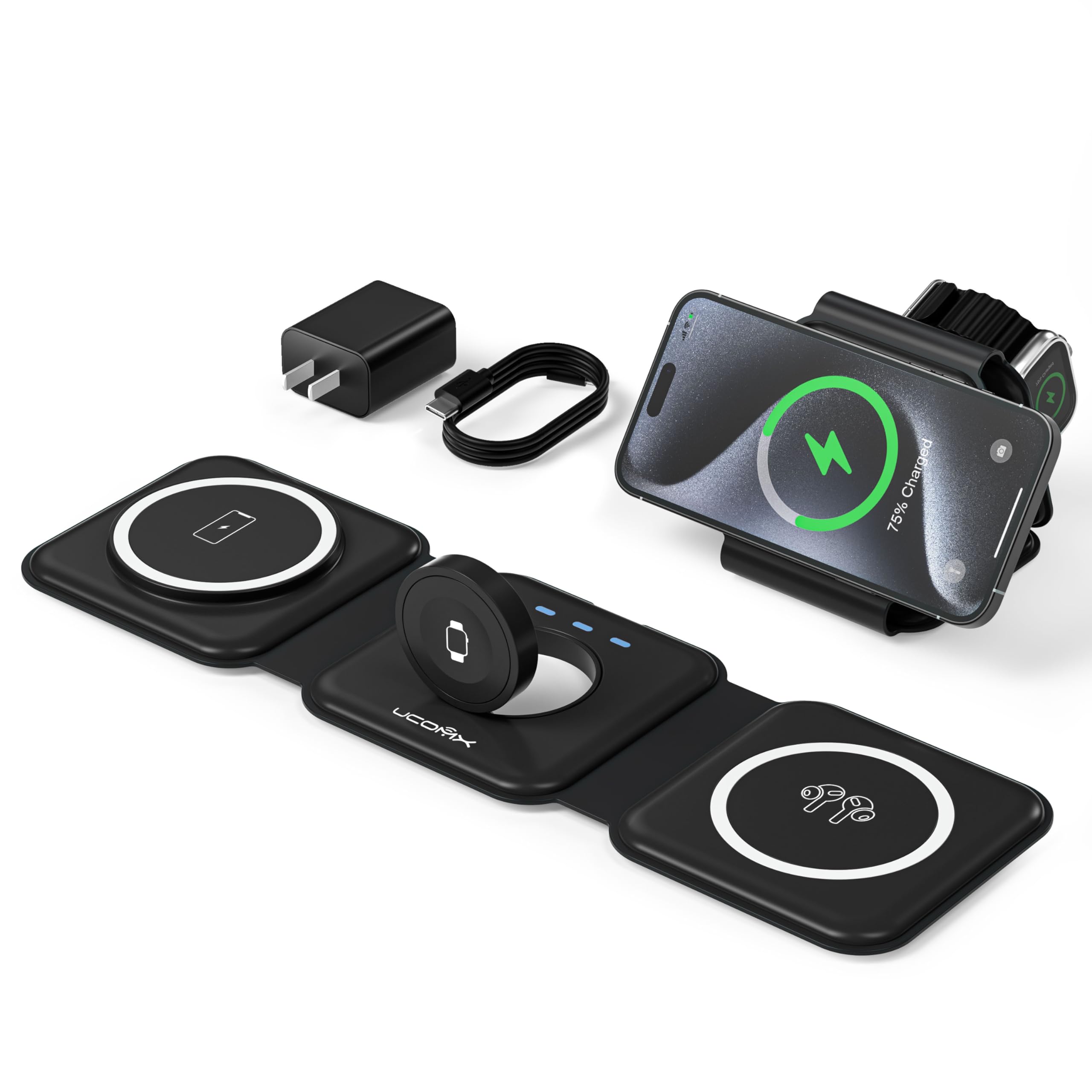 UCOMX 3in1 charging station in travel setup shows centralized power for multiple devices.