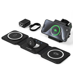 UCOMX 3in1 charging station in travel setup shows centralized power for multiple devices.