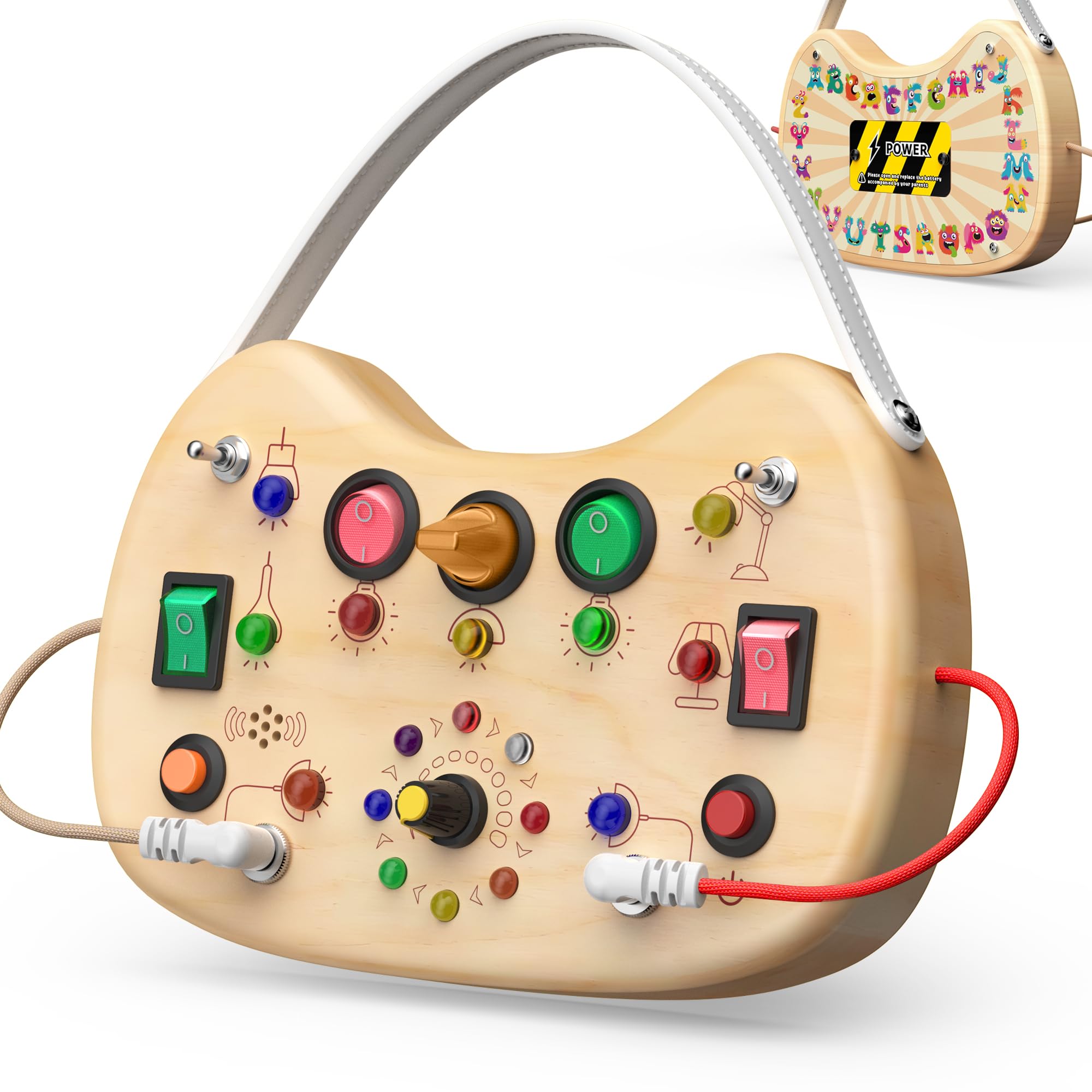 UdoUto Montessori Busy Board with LED switches, ideal for travel and quiet play