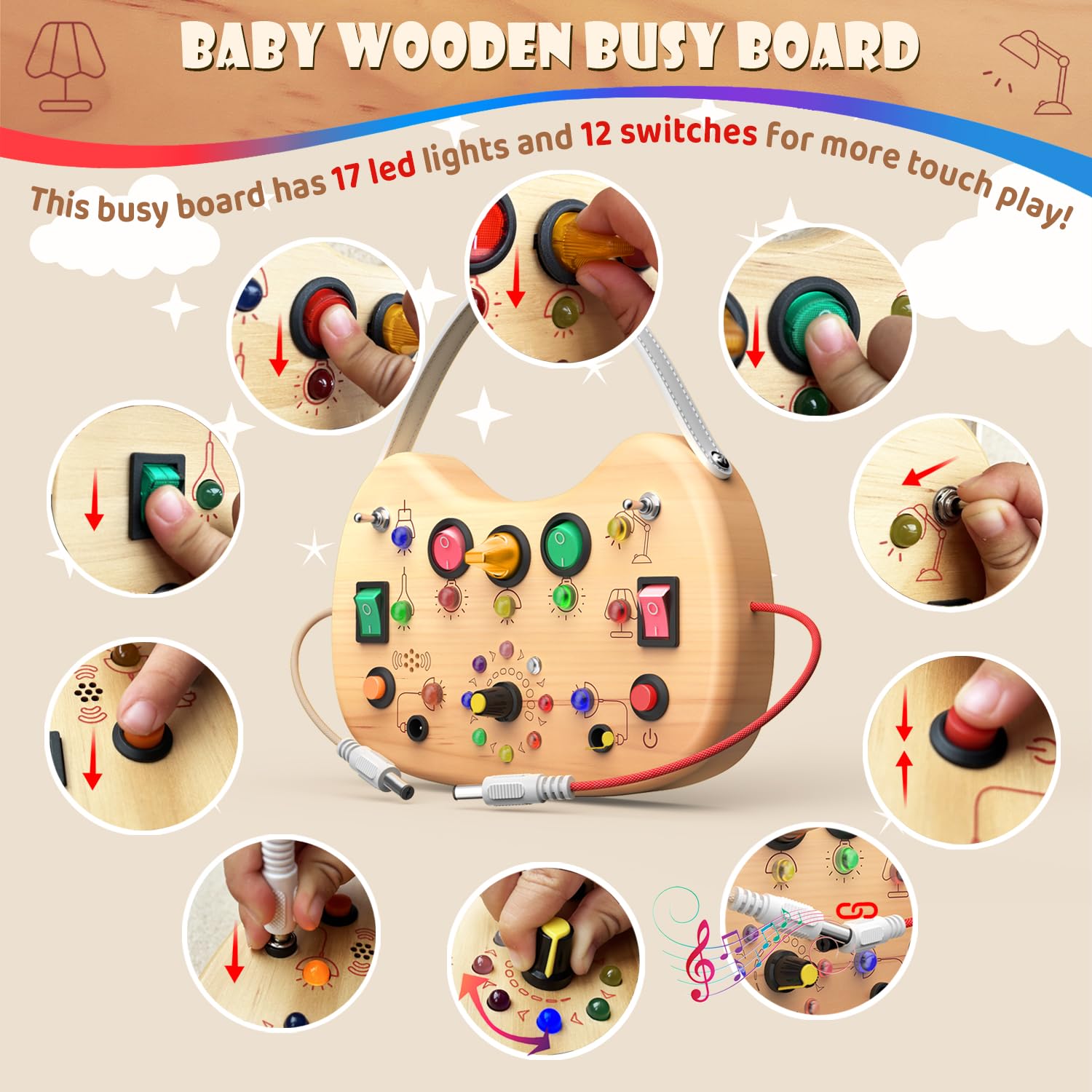 Close-up of 17 LEDs and 12 buttons offering varied tactile play