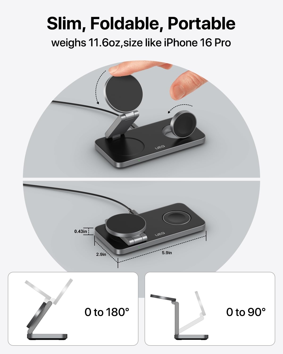UEQ Apple Watch resting on a slim dock adds a tidy, accessible charging view.