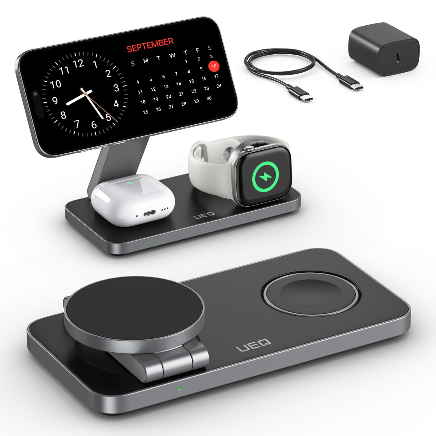 UEQ foldable 3-in-1 magnetic charger stand keeps devices neatly charged and ready on the desk.