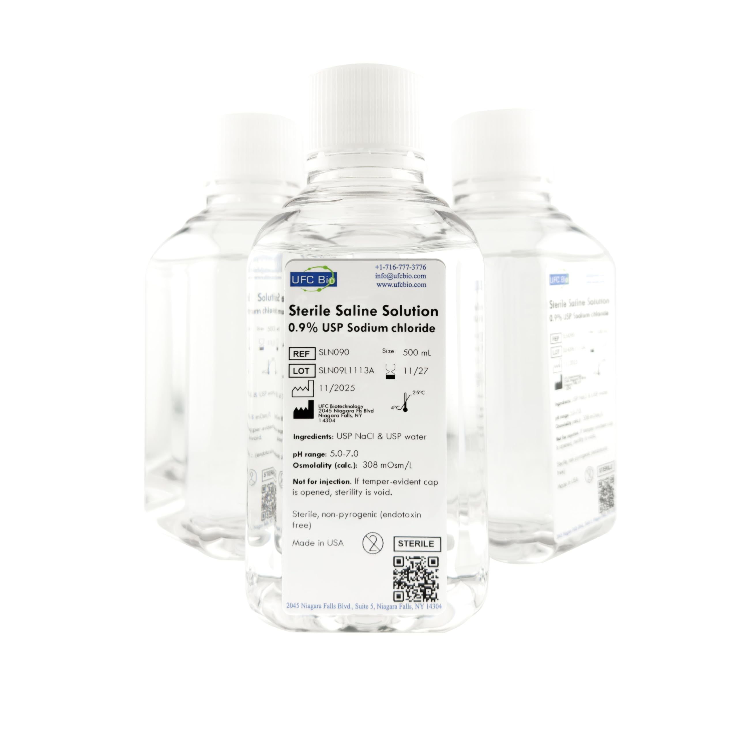 UFC Bio saline bottle pour shows ready-to-use 0.9% solution for quick lab prep.