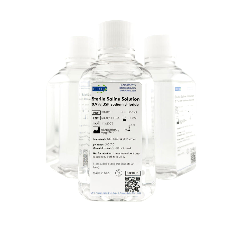 UFC Bio saline bottle pour shows ready-to-use 0.9% solution for quick lab prep.