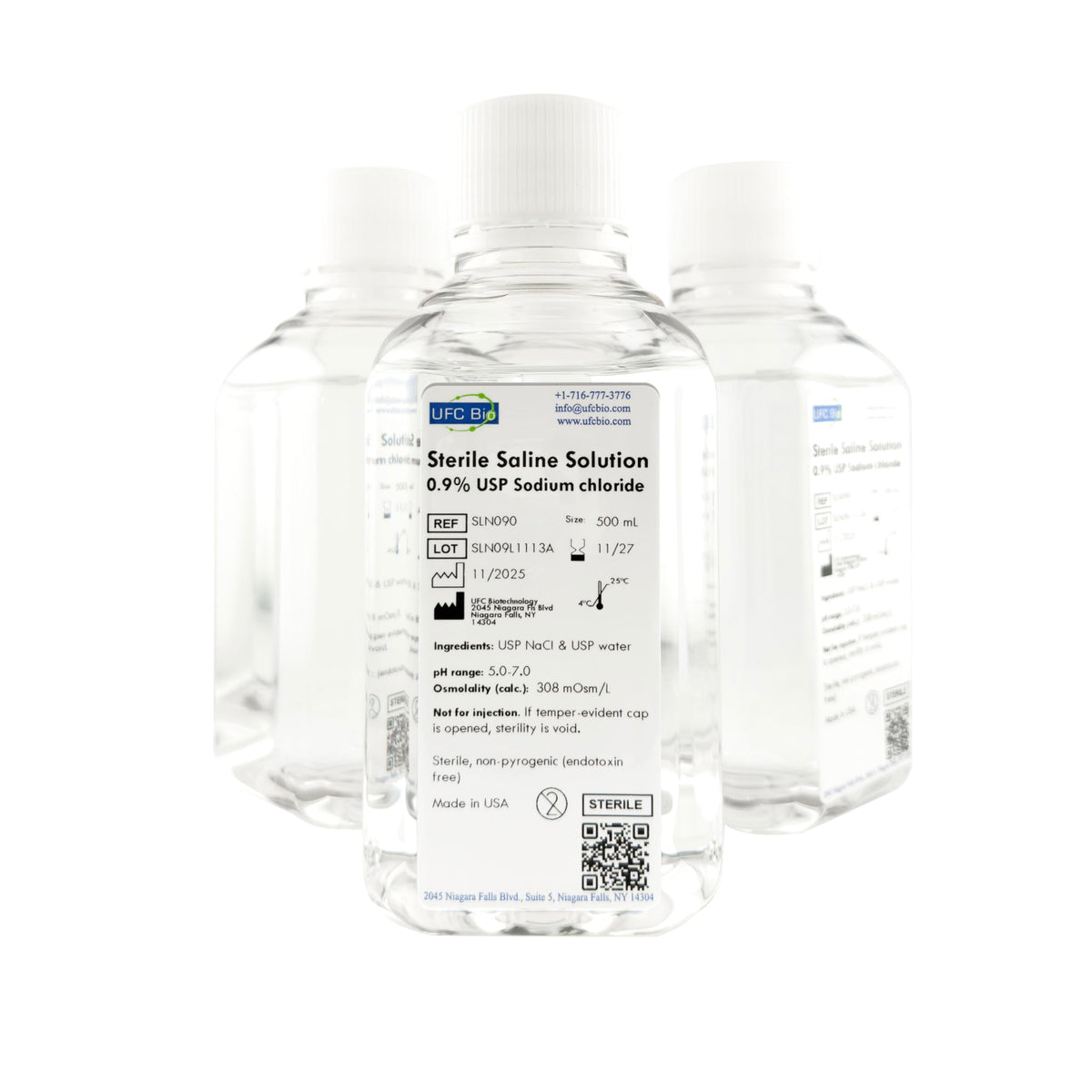 UFC Bio saline bottle pour shows ready-to-use 0.9% solution for quick lab prep.
