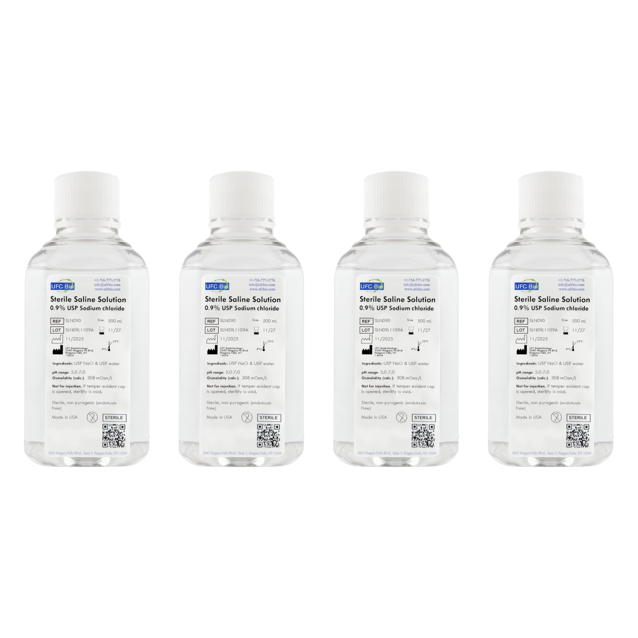 Front view of UFC Bio saline multipack for convenient bulk use in labs.