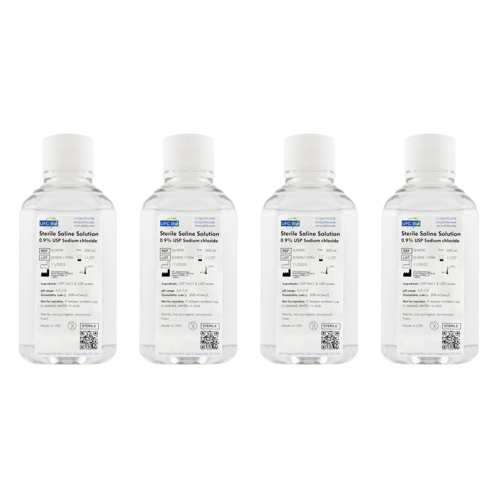 Front view of UFC Bio saline multipack for convenient bulk use in labs.
